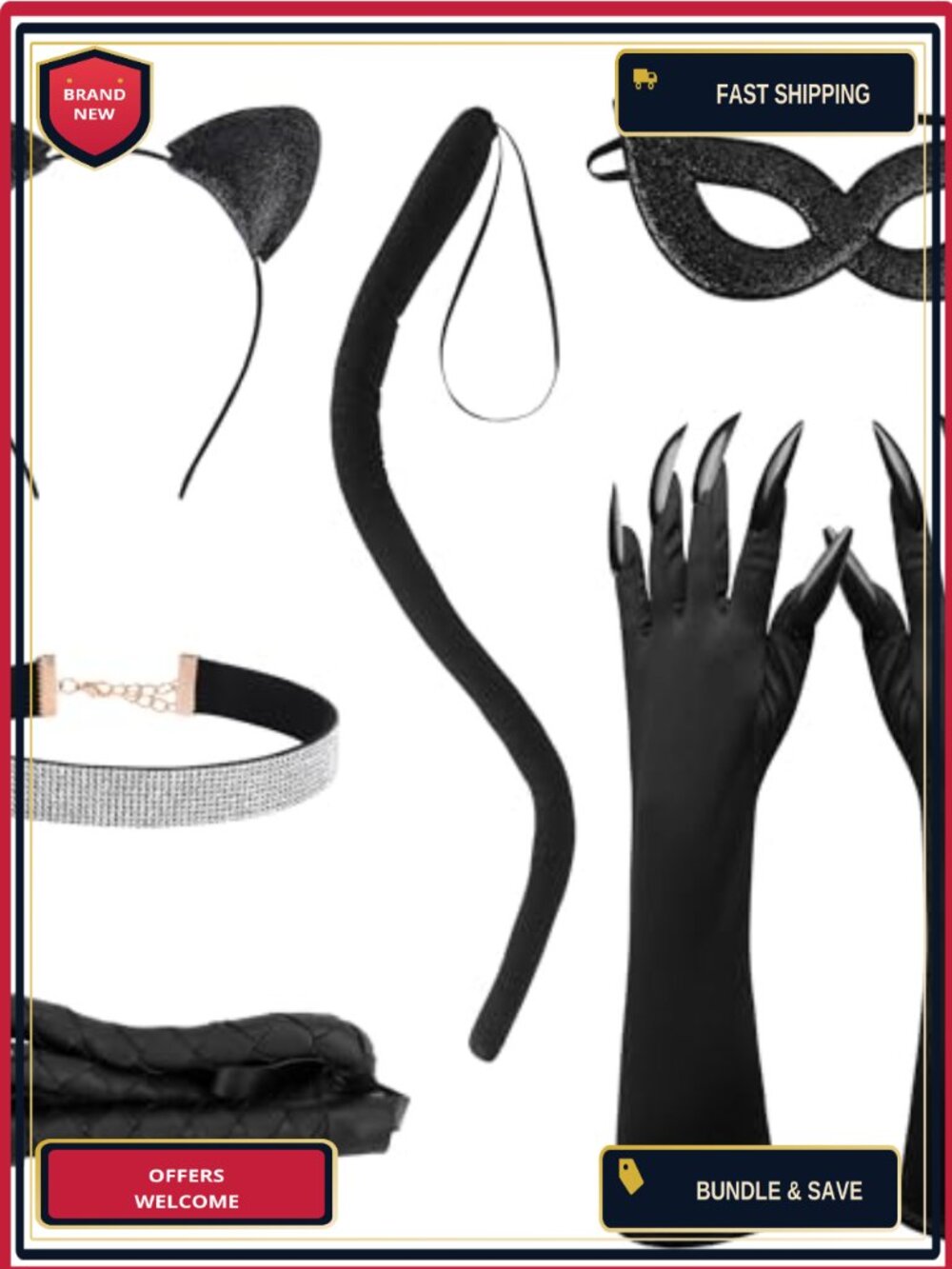 Halloween Cat Woman Costume Accessory Set Mask Ears Tail Whip Gloves